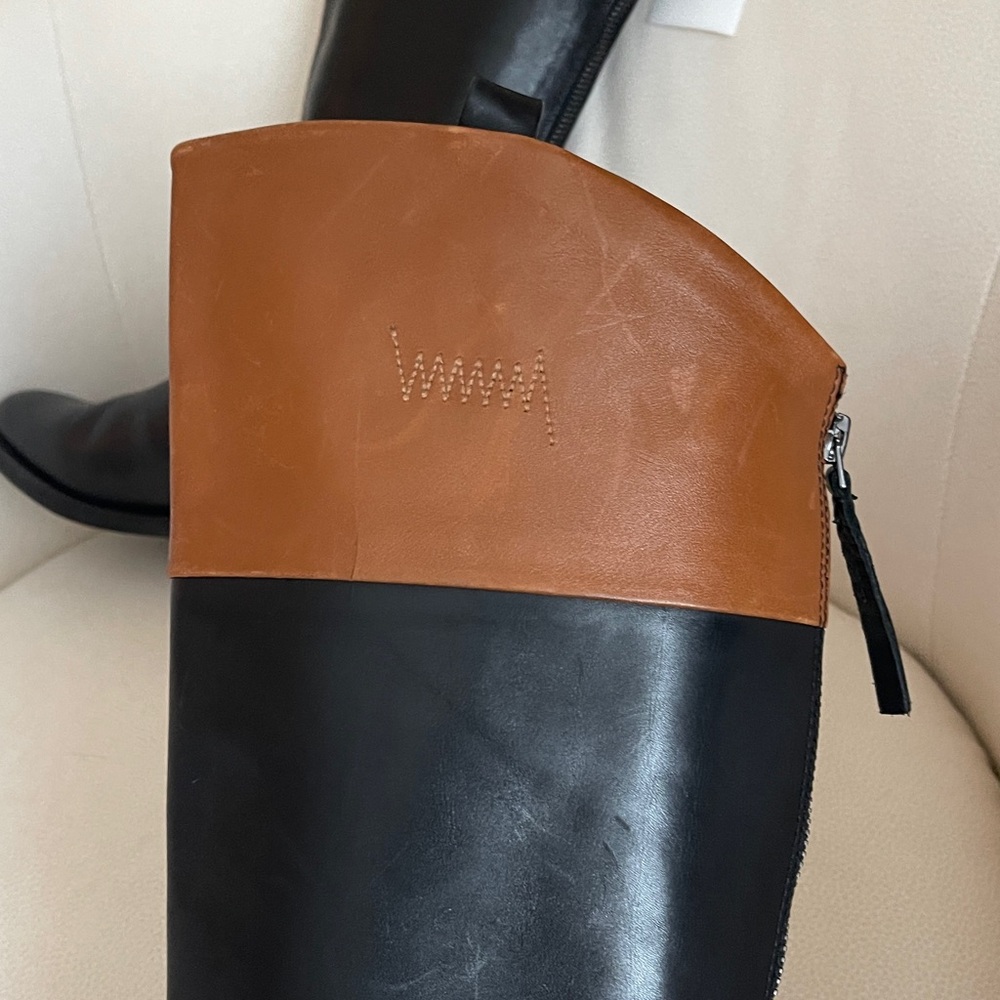 NEW Franco Sarto Meyer Knee High Boots TwoTone Black and Brown Tall Riding Boots - Picture 3 of 12